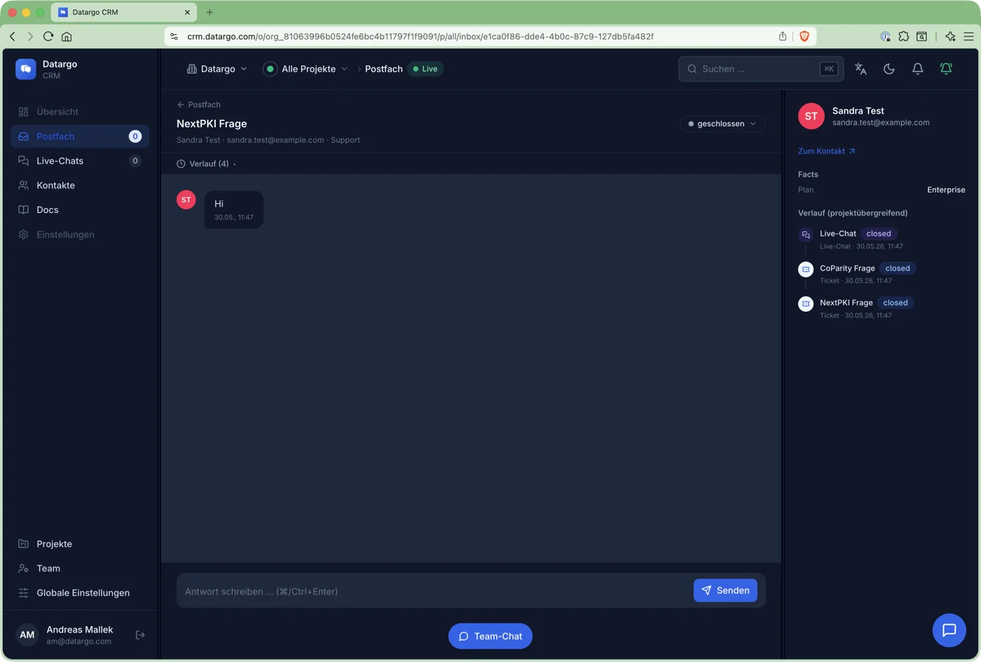 Datargo CRM: Postfach mit Ticket-Verlauf und projektübergreifender Kontaktakte