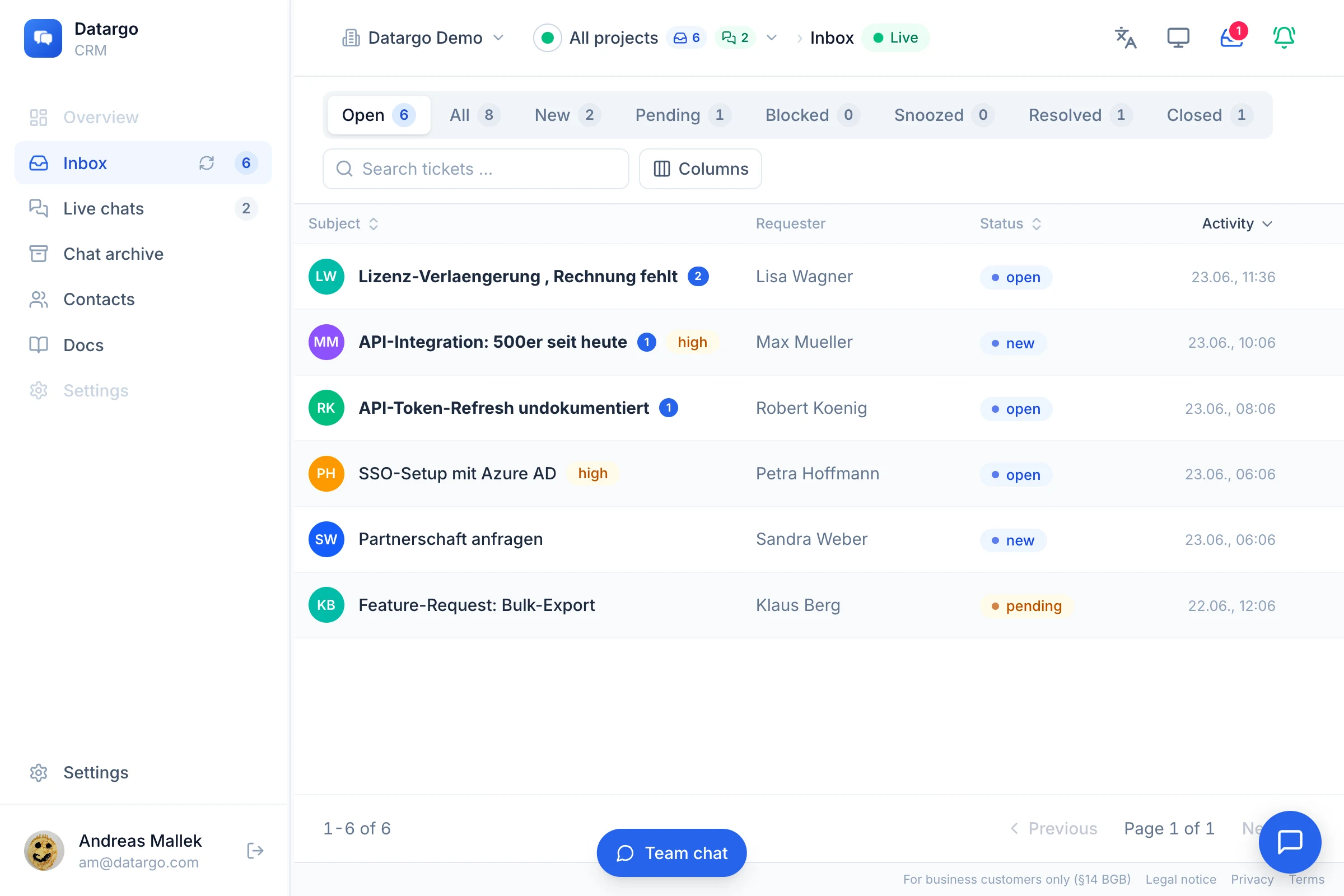 Datargo CRM: inbox with ticket history