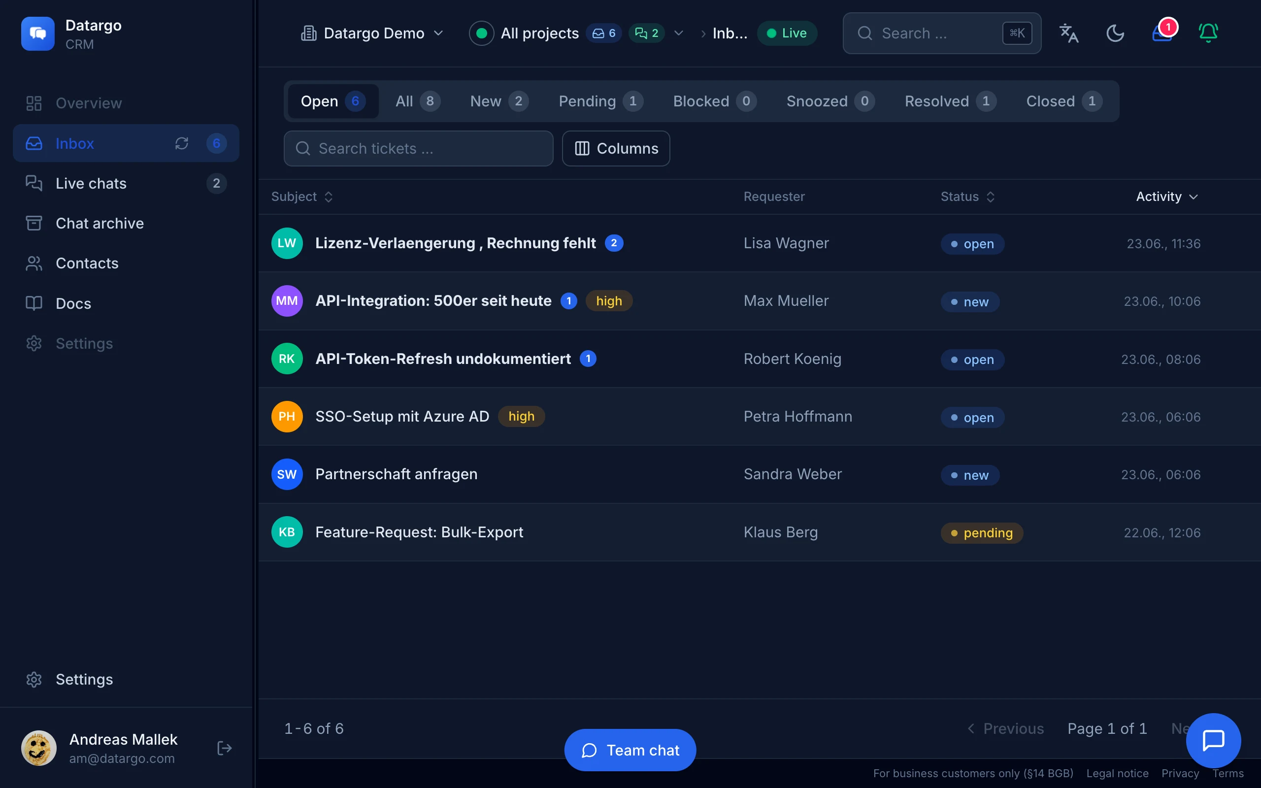 Live interface of Datargo CRM and Datargo Monitor